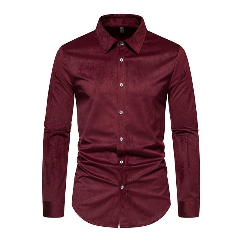 Mens Casual Solid Color Corduroy Slim Lapel Button Long Sleeve Shirt 82245034M