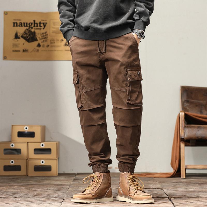 Mens Solid Color Multi-Pocket Elastic Cargo Pants 57353581X