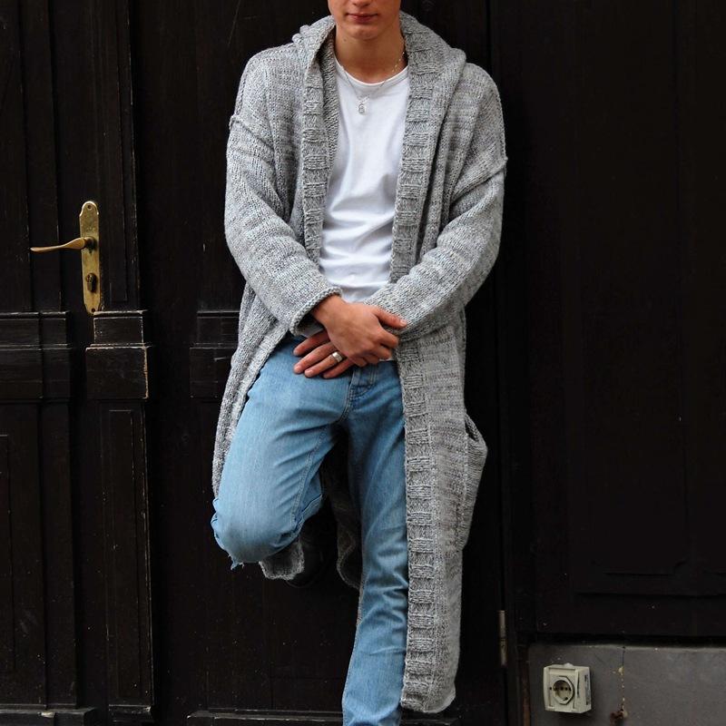 Mens Casual Solid Color Loose Long Hooded Knitted Cardigan 83442735M