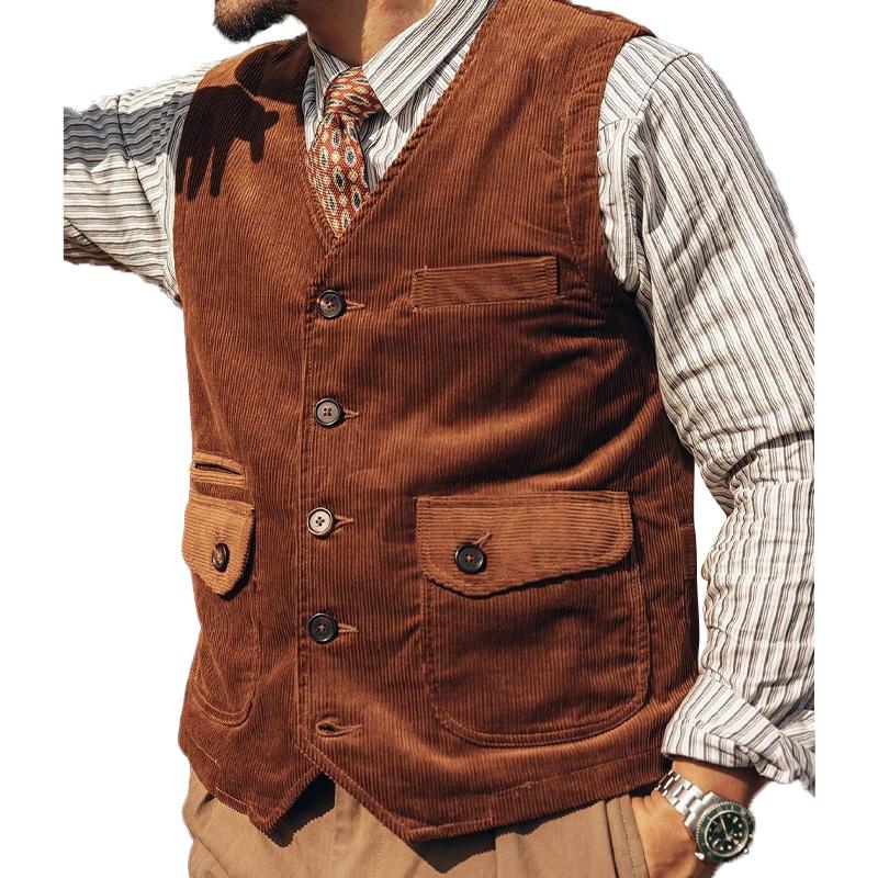 Mens Vintage Corduroy Multi-Pocket Vest 25664460Y