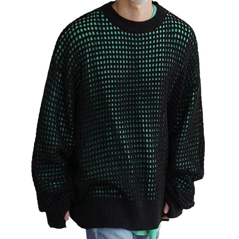 Mens Fashion Solid Color Mesh Hollow Round Neck Long Sleeve Knitted Sweater 25224548M