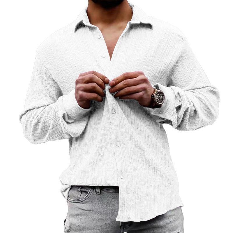 Mens Solid Loose Linen Lapel Long Sleeve Shirt 01526129Z