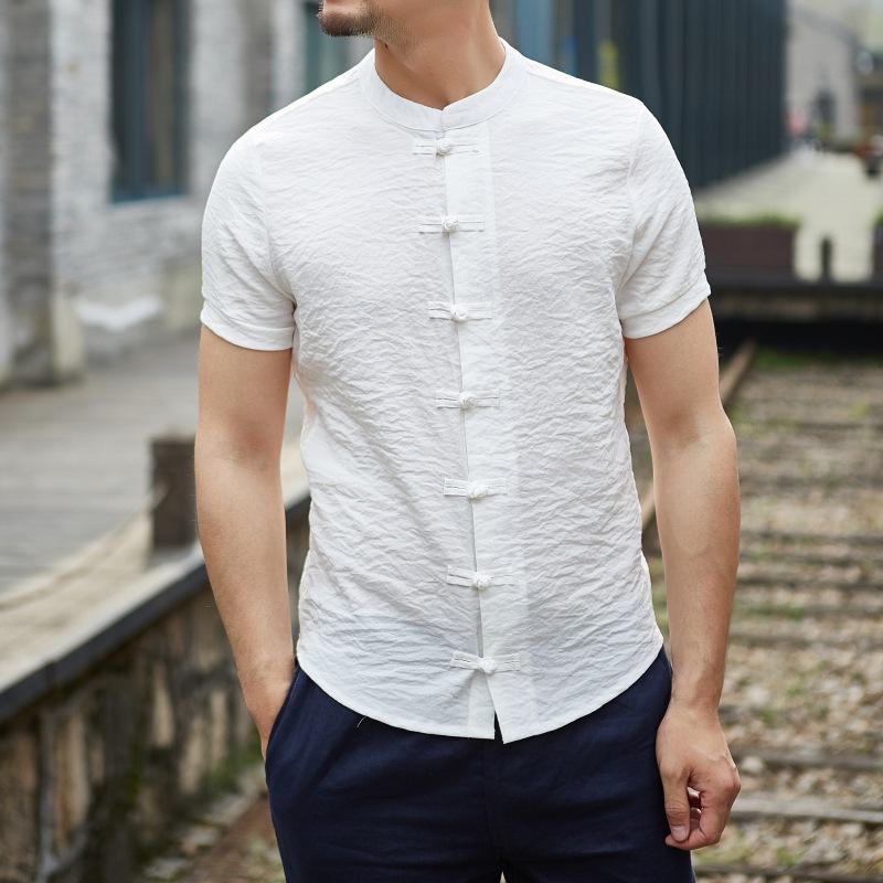 Mens Vintage Stand Collar Cotton Linen Short Sleeve Shirt 40504441M