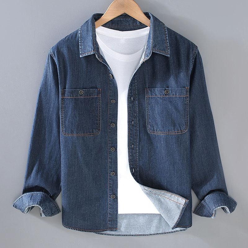 Mens Vintage Lapel Single Breasted Long Sleeve Denim Shirt 48569159M