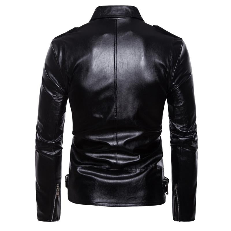 MenS Motorcycle Rugged Style Lapel Double Chest Pockets Leather Jacket 94260394Y
