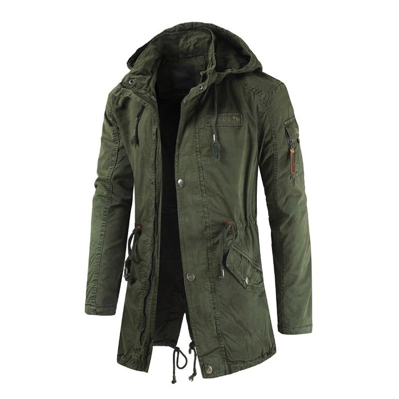 Mens Vintage Washed Mid-Length Back Slit Stand Collar Hooded Windbreaker Coat 50966674M