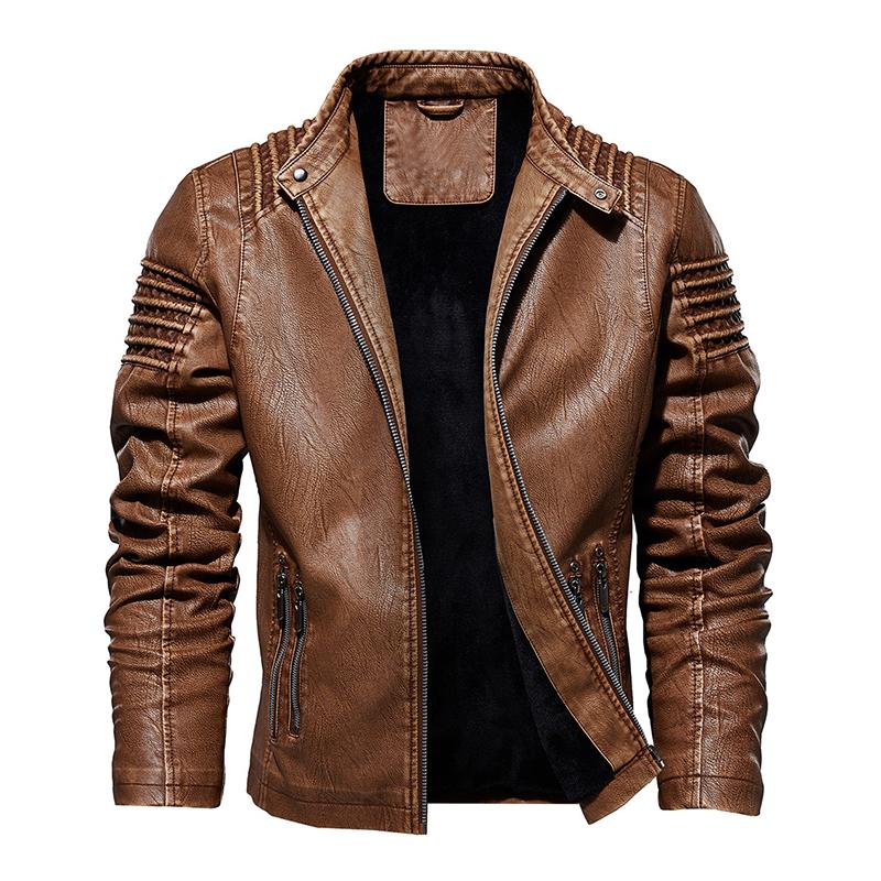 Mens Vintage Distressed Stand Collar Zippered Motorcycle Leather Jacket 12897652M
