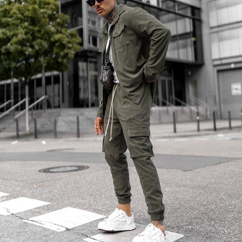 Mens Casual Corduroy Work Shirt Elastic Waist Pants Set 08078005M