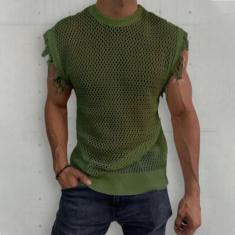 Mens Casual Solid Color Knitted Round Neck Sleeveless Hollow Tank Top 40348544Y