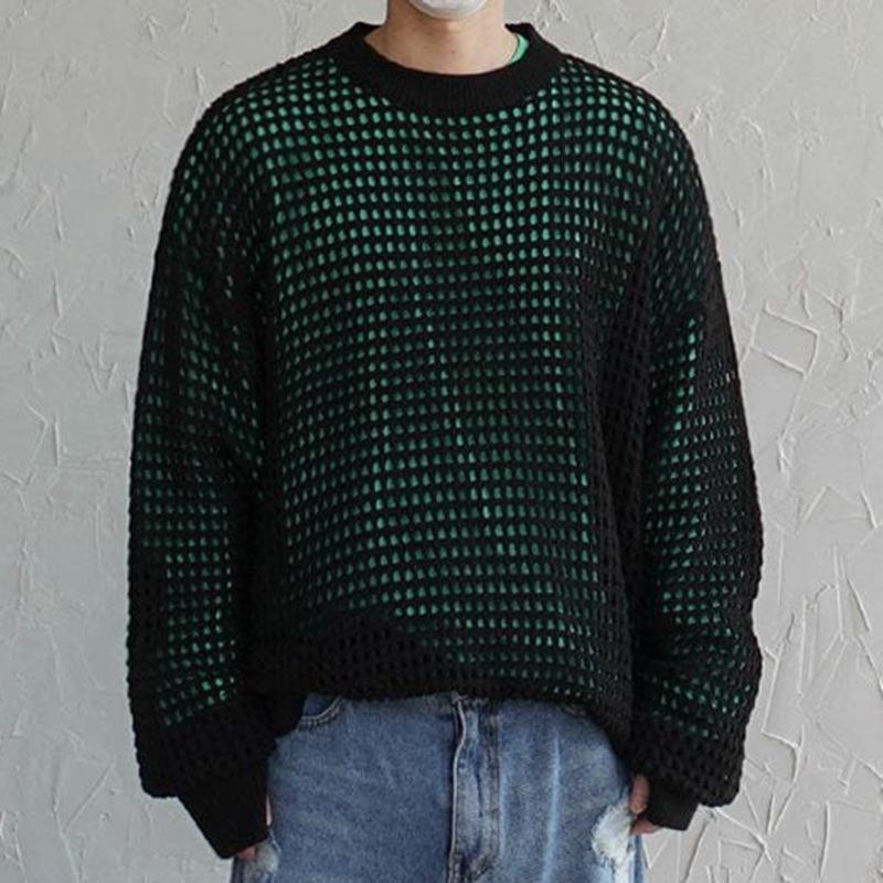 Mens Fashion Solid Color Mesh Hollow Round Neck Long Sleeve Knitted Sweater 25224548M