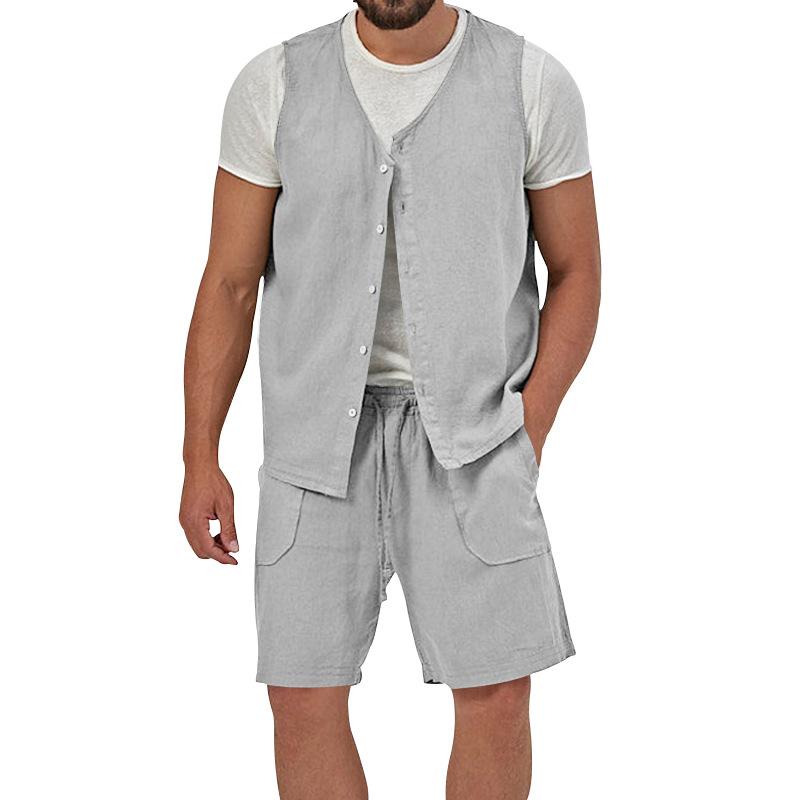 Mens Casual Loose Solid Color Sleeveless Vest Shorts Set 61445702X