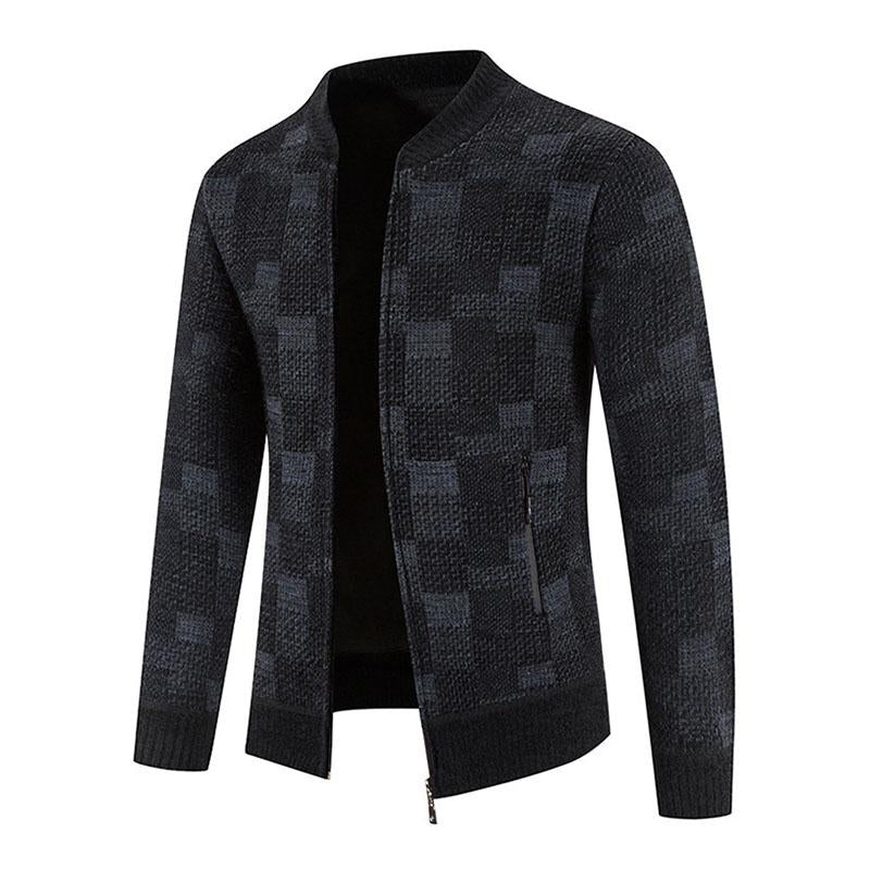 Mens Casual Plaid Fleece Baseball Collar Zipper Fly Knit Jacket 23445833M