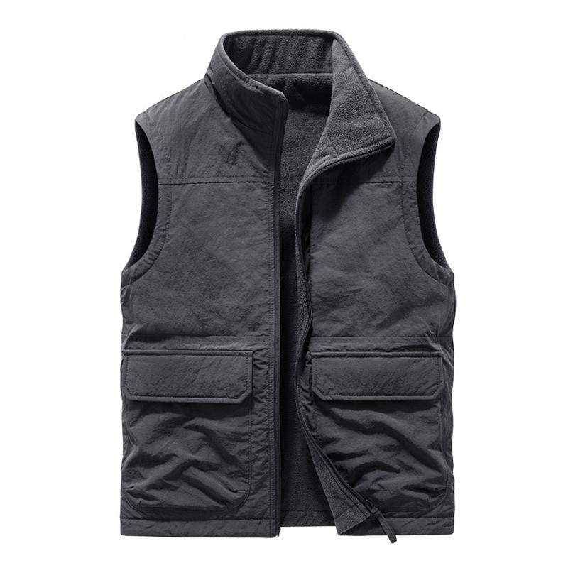 Mens Casual Outdoor Stand Collar Reversible Fleece Warm Multi-pocket Vest 10186640M