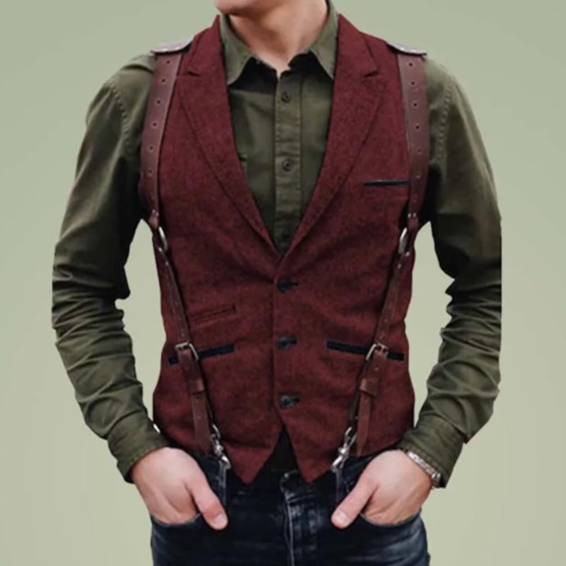 Mens Vintage Lapel Single-Breasted Multi-pocket Herringbone Vest 59356841M