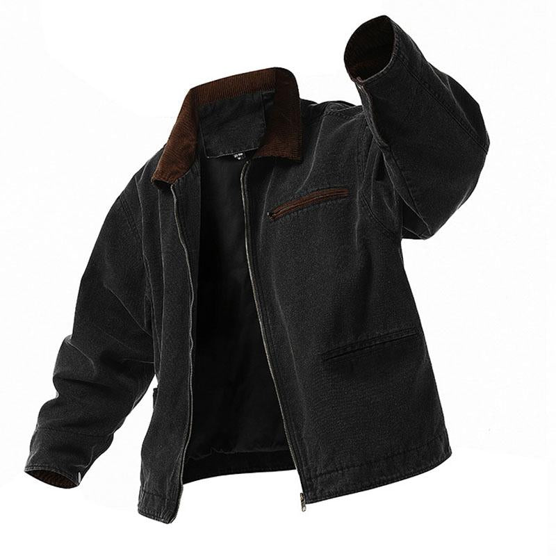 Mens Vintage Washed Cotton Loose Contrast Lapel Zipper Cargo Jacket 32218661M