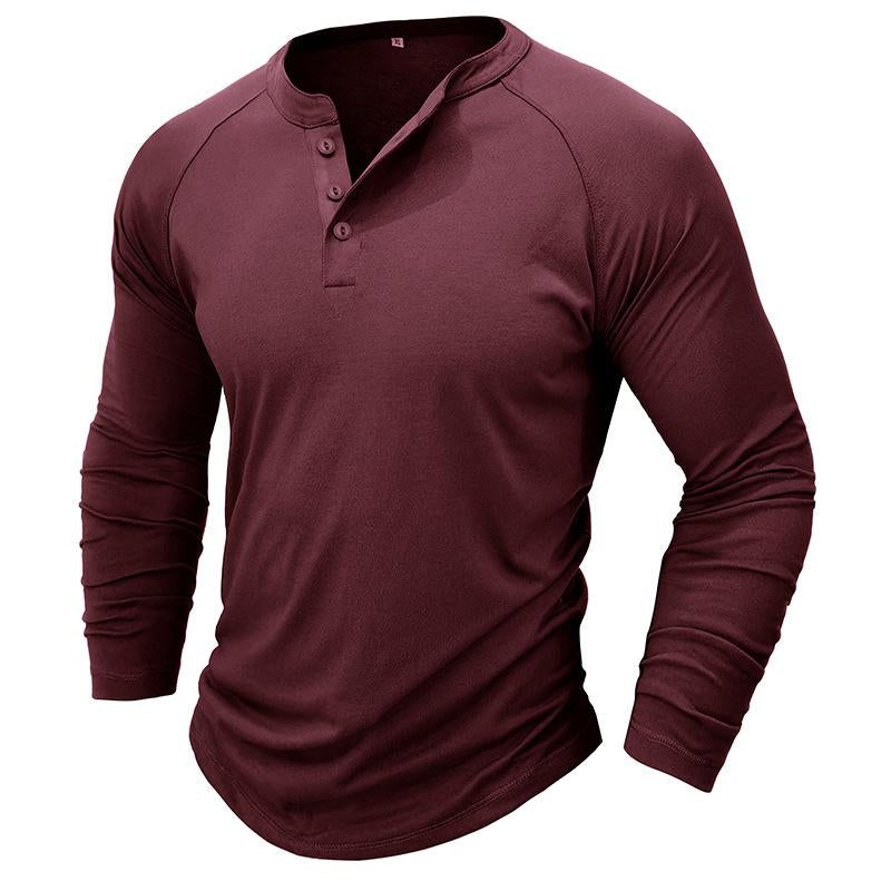 Mens Casual Solid Color Henley Collar Raglan Long Sleeve T-Shirt 50906105Y