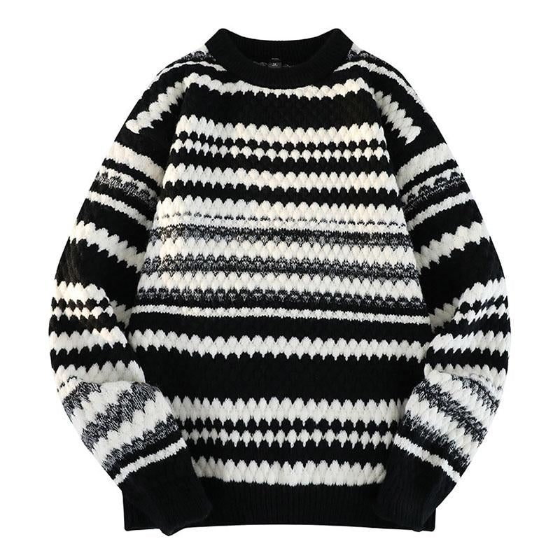 Mens Vintage Stripe Colorblock Round Neck Long Sleeve Pullover Sweater 32321174M