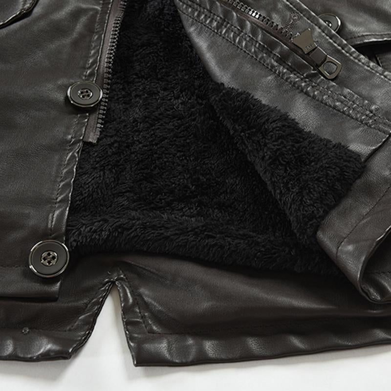 Mens Vintage Stand Collar Thickened Warm Mid-Length Zippered Leather Coat 59546013M