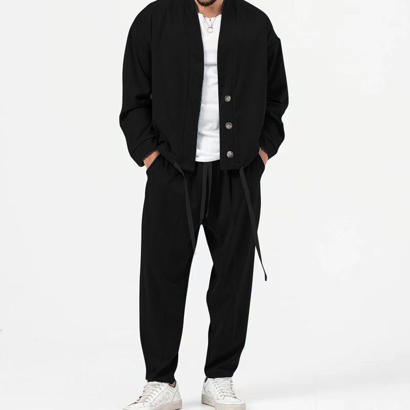 Mens Solid Loose Collarless Cardigan Trousers Casual Set 26852204Z