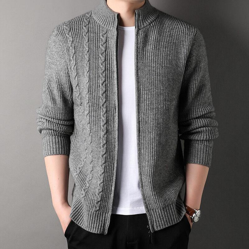 Mens Casual Stand Collar Cable Zipper Long Sleeve Knitted Cardigan 12911469M