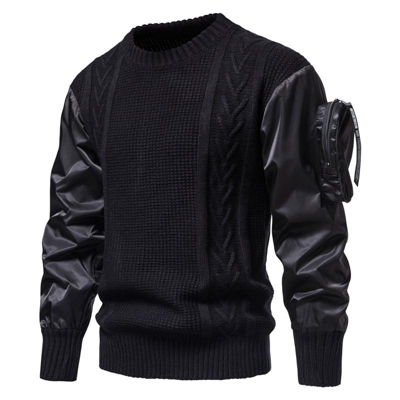 Mens Round Neck Spliced Sleeves Three-dimensional Pocket Personalized Sweater 67598676X