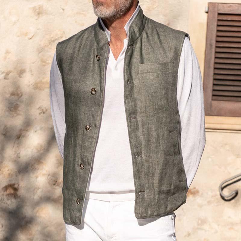 Mens Casual Stand Collar Multi-Pocket Linen Single Breasted Vest 71856913M