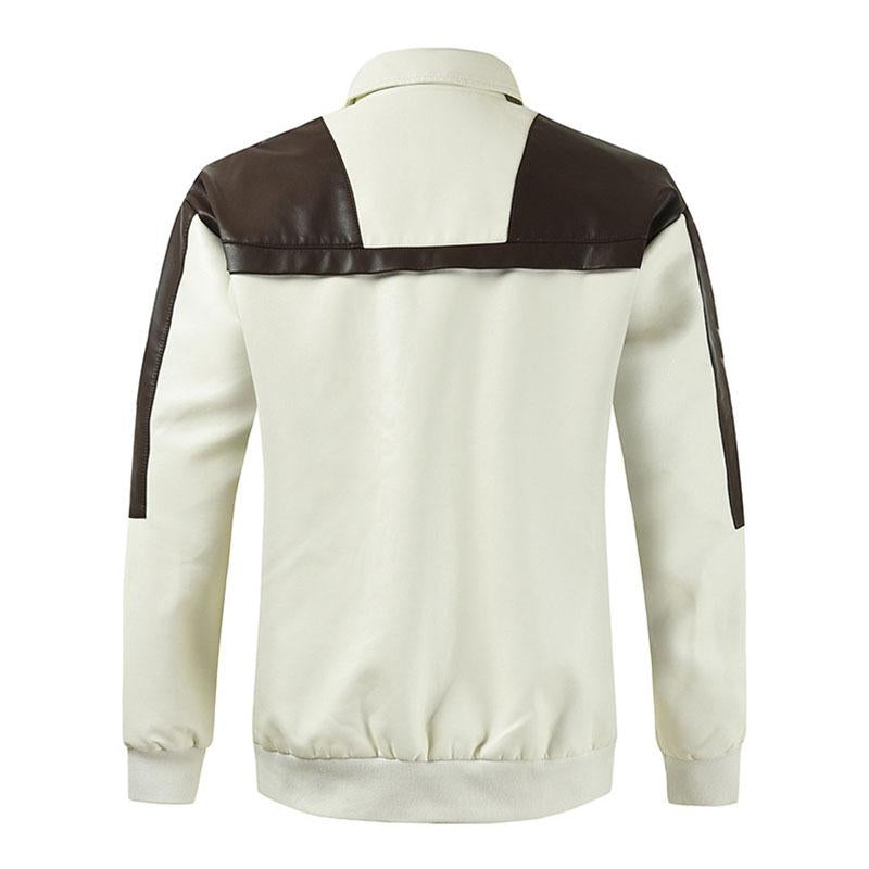 Mens Stylish Colorblock Patchwork Lapel Leather Motorcycle Jacket 77166987M