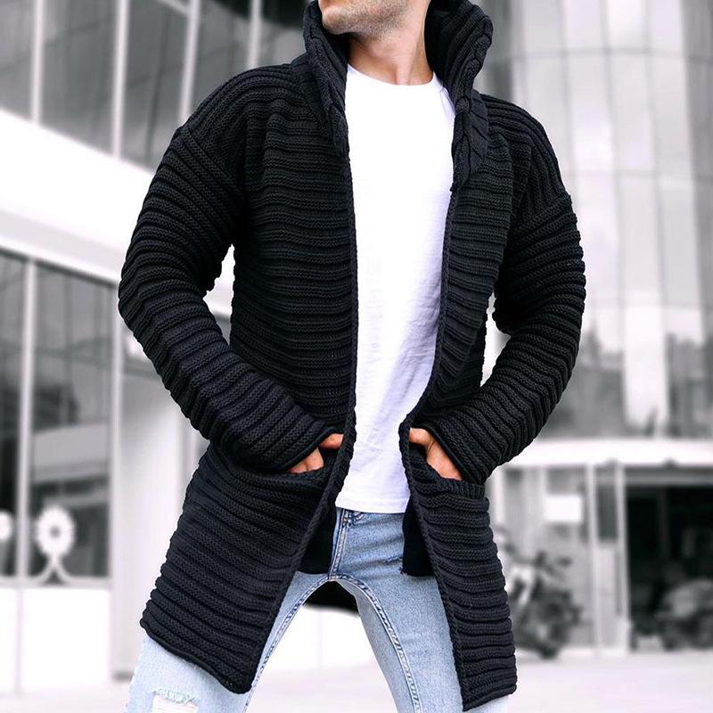 Mens Solid Stand Collar Mid-length Knit Cardigan 90370724Z