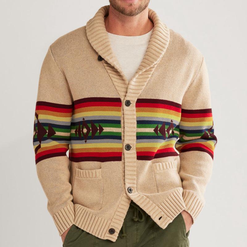 Mens Vintage Colorblock Stripe Jacquard Lapel Single Breasted Knit Cardigan 44586298M