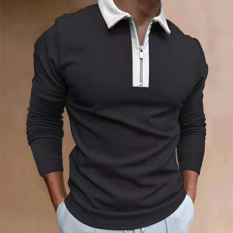 Mens Casual Color Block Zip Lapel Long Sleeve Polo Shirt 05045854Y