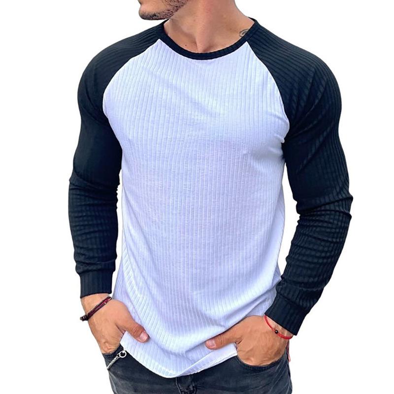 Mens Round Neck Patchwork Casual Long-sleeved T-shirt 70813664X