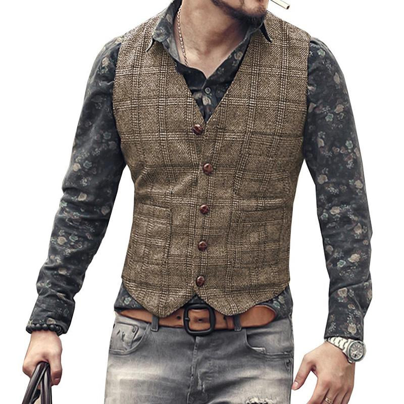 Mens Vintage V-Neck Single-Breasted Plaid Slim Fit Suit Vest 43635540M