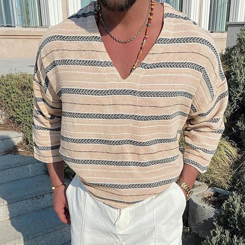 Mens Vintage Loose Stripe Printed V-Neck Long Sleeve T-Shirt 72952244Y