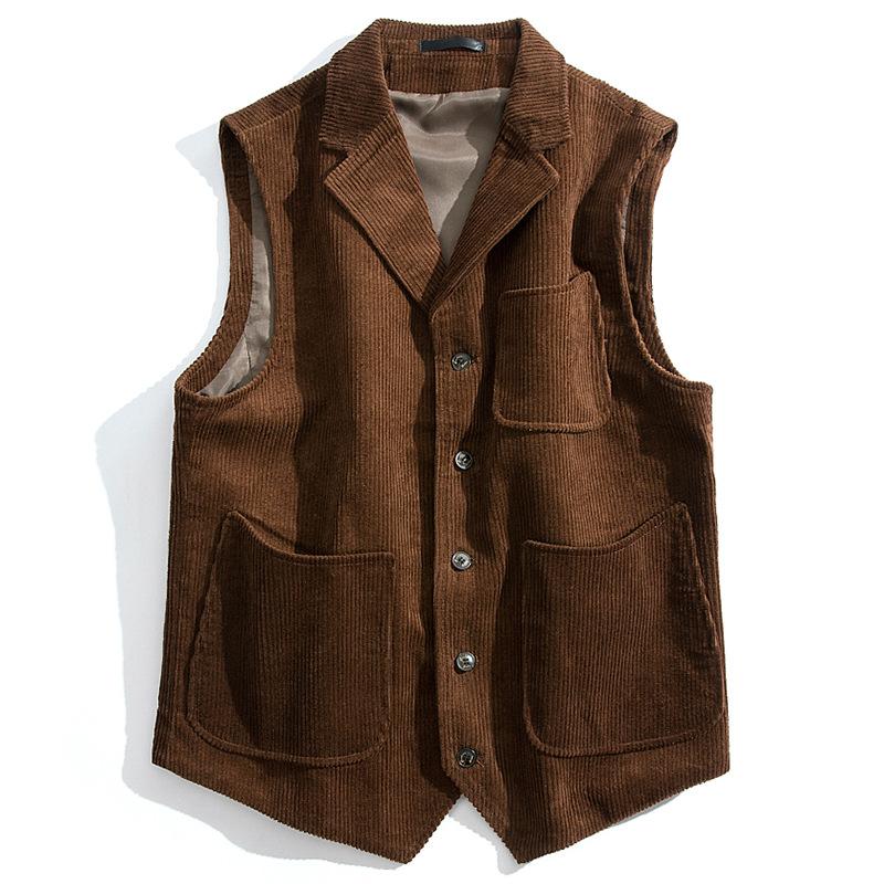 Mens Vintage Solid Corduroy Multi-Pocket Lapel Vest 26982821Y