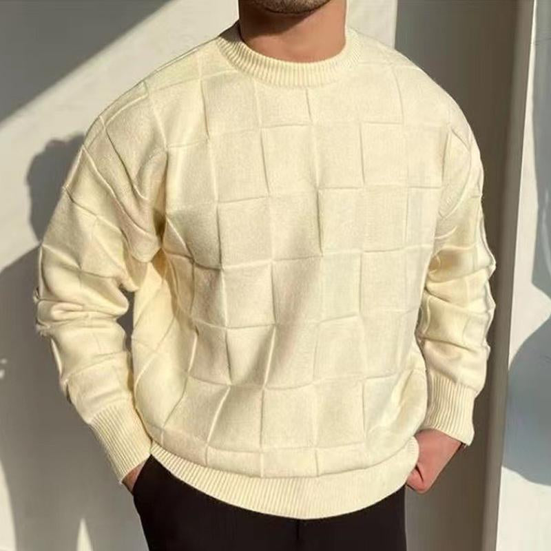 Mens Solid Color Plaid Crew Neck Knitted Sweater 94387043X