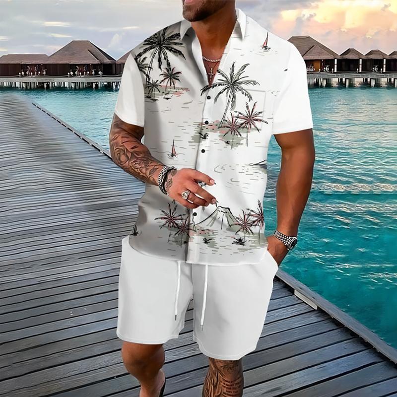Mens Coconut Print Lapel Button Shirt Short Sleeve Board Shorts Set 98328277X