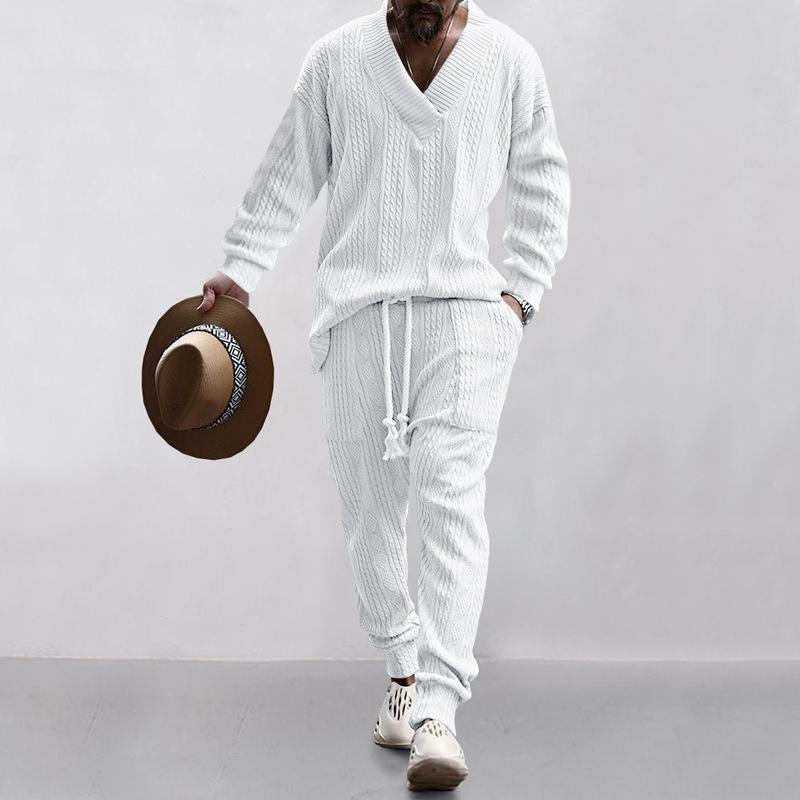Mens Solid V-Neck Jacquard Knitwear Long Sleeve Top And Trousers Set 04682453Z
