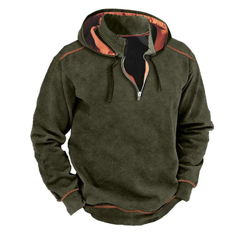 Mens Vintage Contrast Zipper Stand Collar Patchwork Hooded Sweatshirt 61682011Y