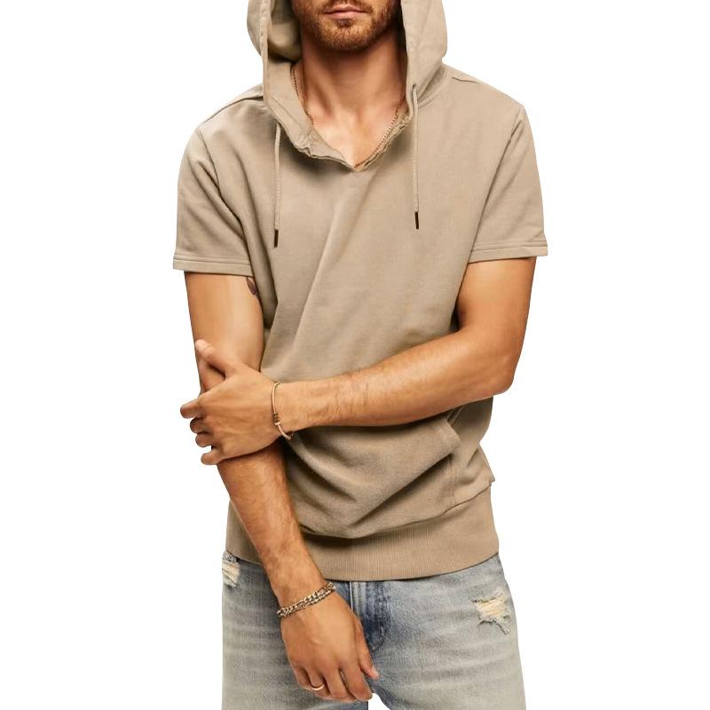 Mens Sports Casual Solid Color Hooded Short Sleeve T-Shirt 67117585Y