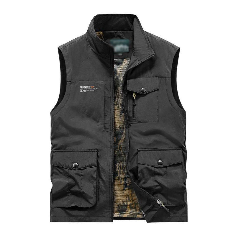 Mens Casual Stand Collar Multi-Pocket Zipper Outdoor Fishing Vest 70087995M