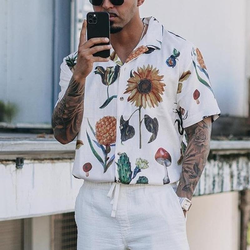 Mens Casual Flower Print Loose Breathable Short Sleeve Shirt 34495128M