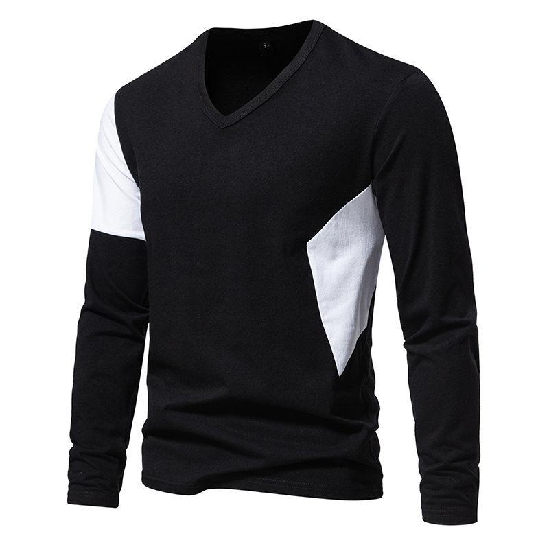 Mens Casual V-Neck Color Block Long Sleeve T-Shirt 96547744Y