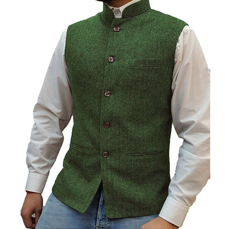 Mens Stand Collar Herringbone Single Breasted Vest 76418897M