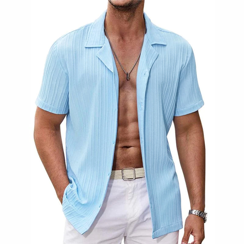 Mens Casual Solid Color Striped Short Sleeve Lapel Shirt 31319945Y