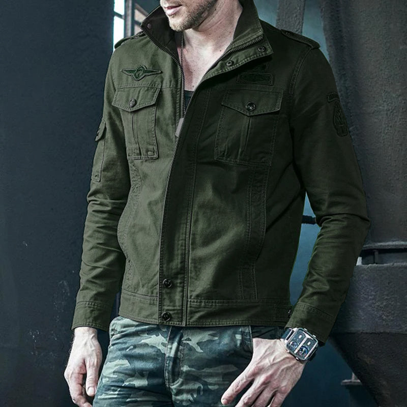 Mens Motorcycle Cotton Casual Solid Color Multi-Pocket Cargo Jacket 50429295Y