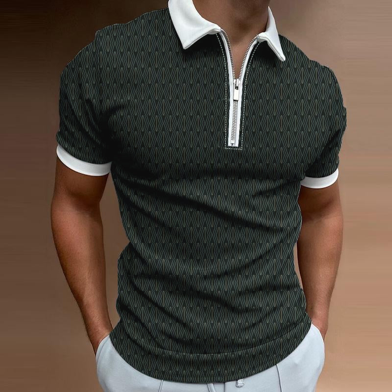 Mens Casual Printed Zipper Lapel Short Sleeve Polo Shirt 55762473M