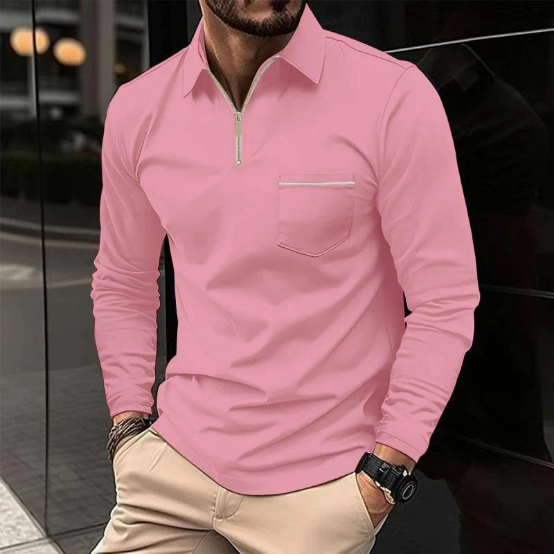 Mens Solid Zipper Lapel Breast Pocket Long Sleeve Polo Shirt 49740491Z