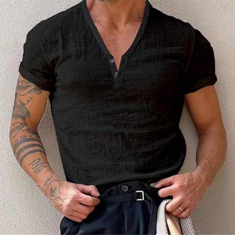 Mens Solid Color Buttons V Neck Short Sleeve Cotton T-shirt 64690208Z
