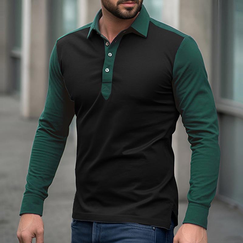 Mens Color Block Lapel Long Sleeve Polo Shirt 61674774Z