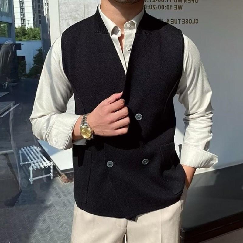 Mens British V Neck Double Breasted Slim-fit Sleeveless Knit Vest 35783950Z
